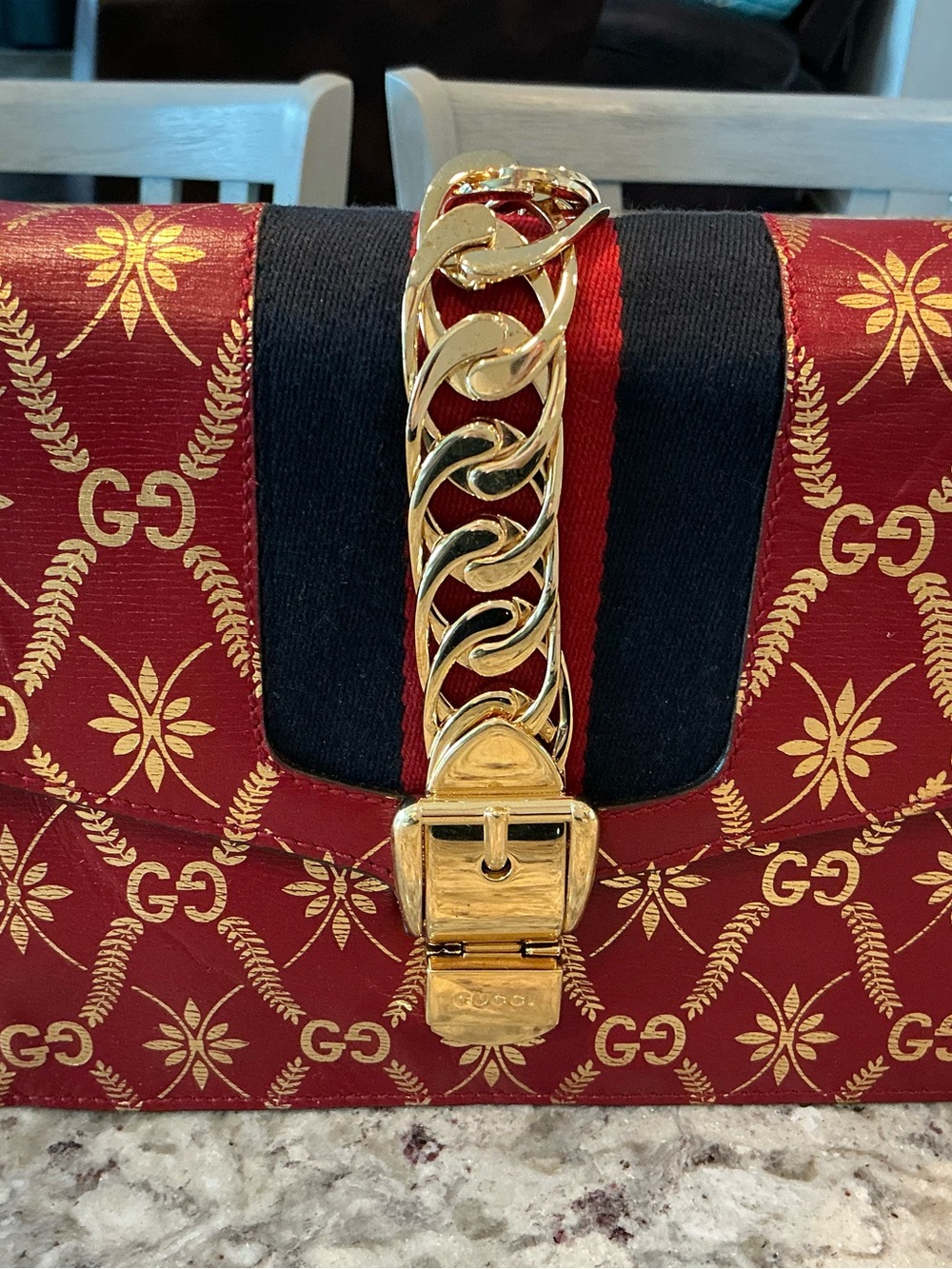 Gucci Red and Navy GG Monogram Chain Shoulder Bag with Gold Hardware